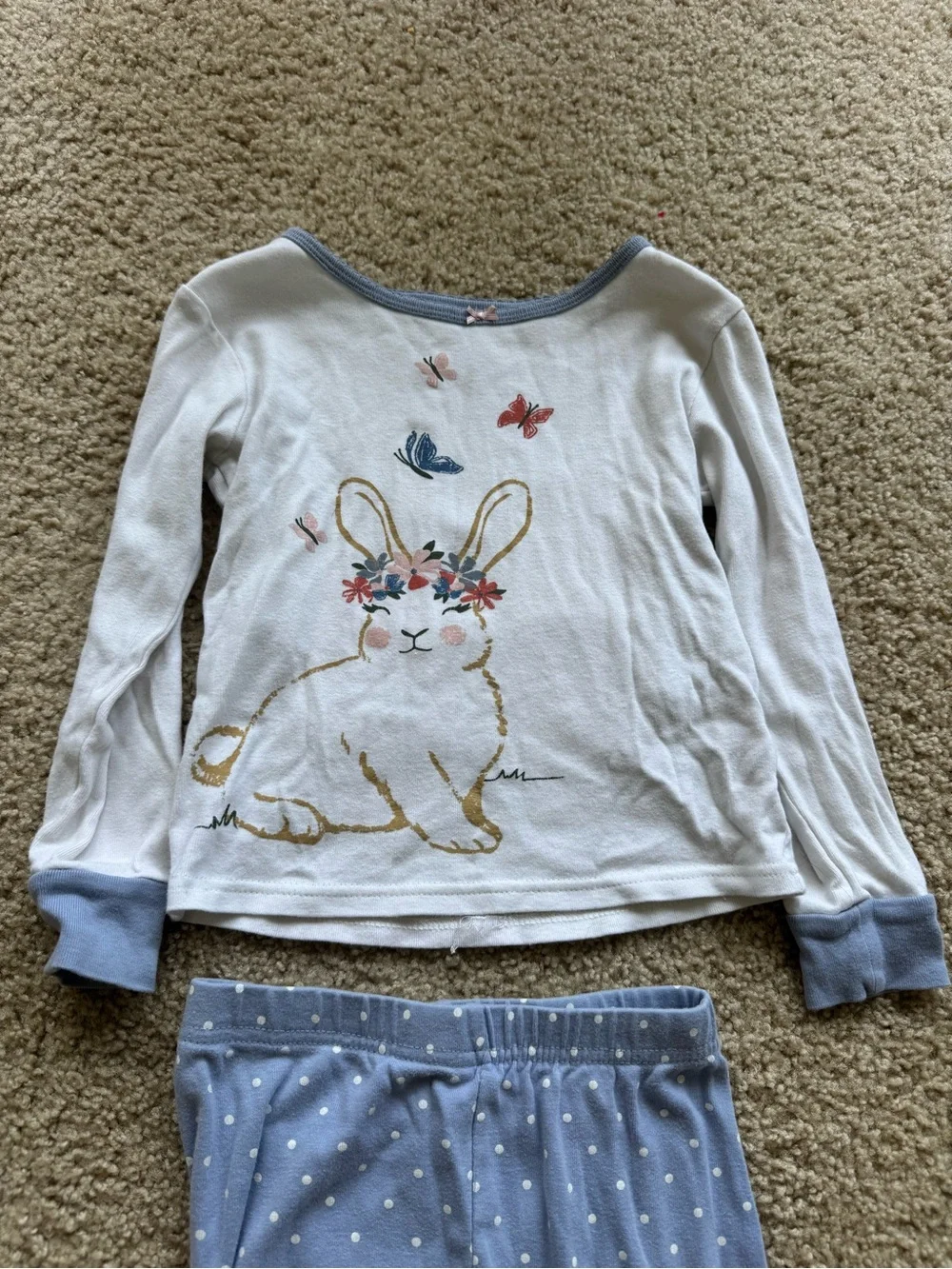 Girls Bunny Pajama Set - White & Light Blue